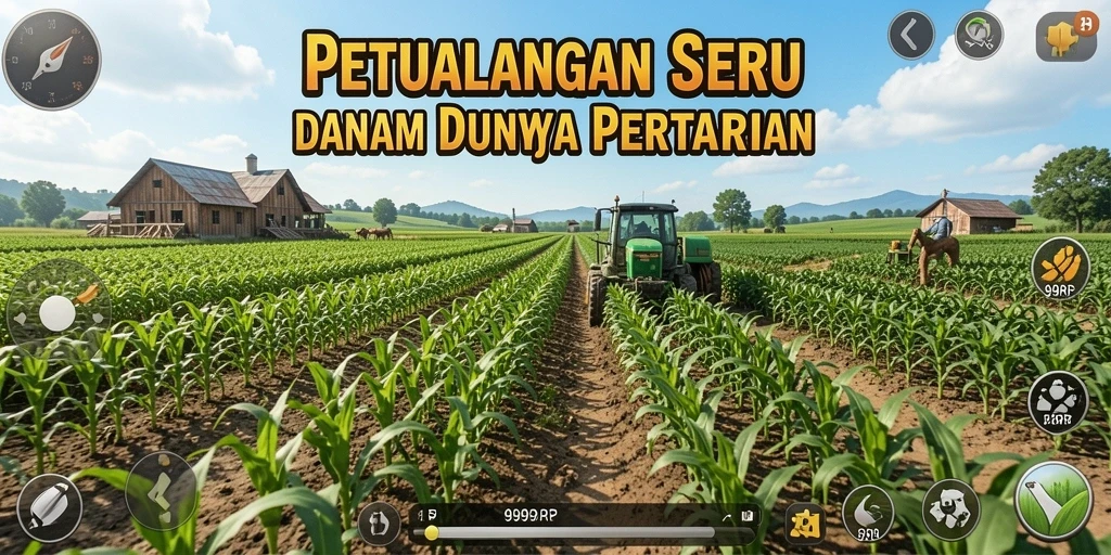 Tangkapan layar 99RP menunjukkan keseruan bertani di lahan luas.