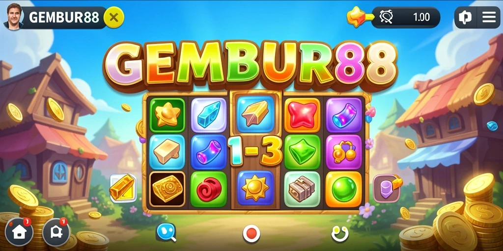 Tampilan gameplay GEMBUR88 yang penuh warna dan menggembirakan.