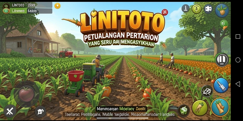 Tampilan screenshot gameplay <strong>LINITOTO</strong> yang menampilkan pertanian yang indah dan interaksi sosial.